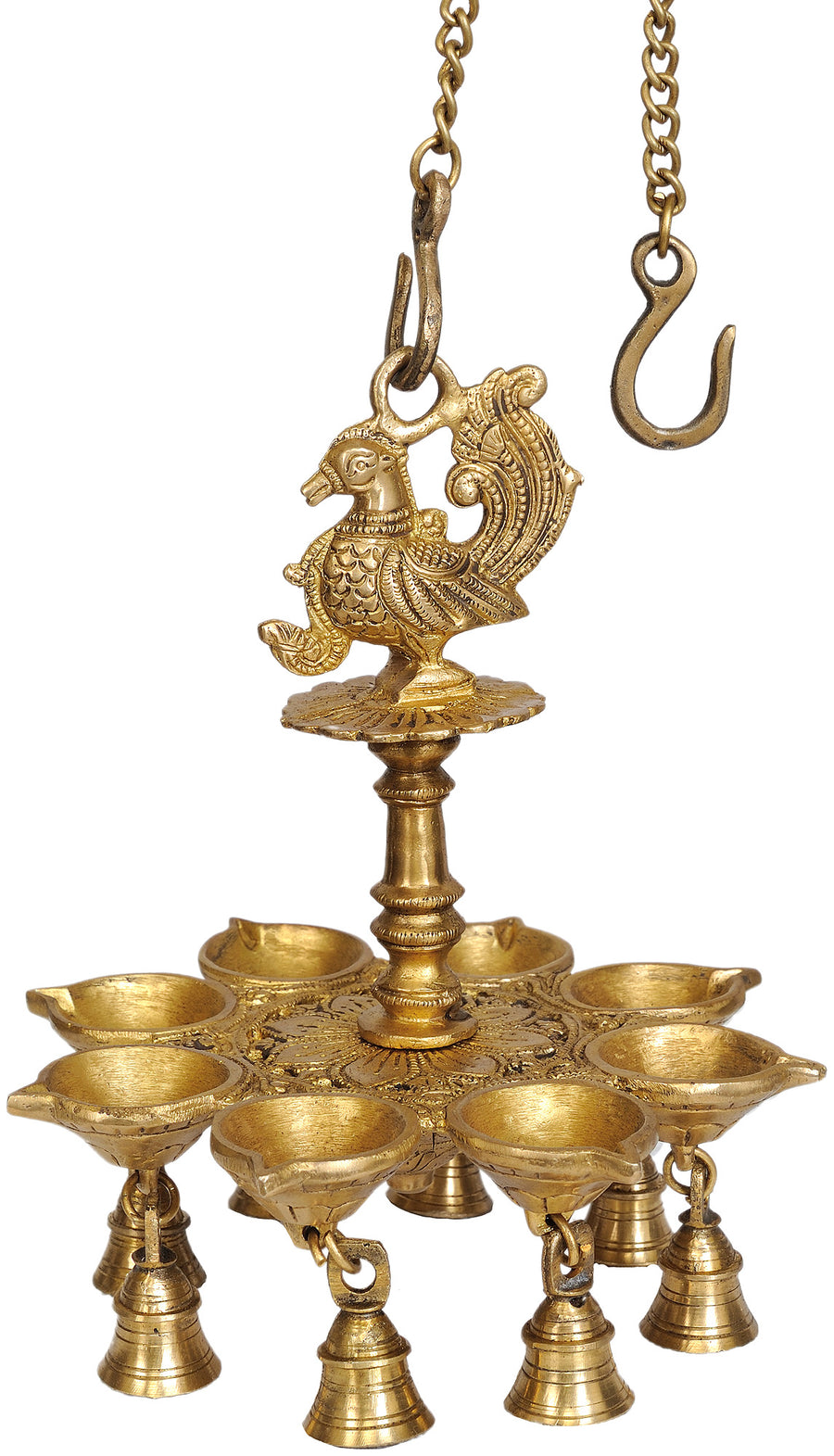 10" Handmade Brass Mayur Hanging Lamp with Eight Wicks and Bells