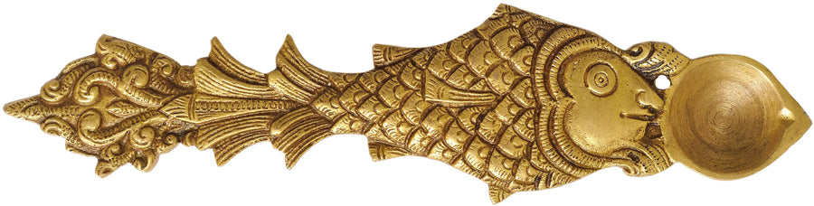 Hand-Held Brass Puja Diya with Fish Handle