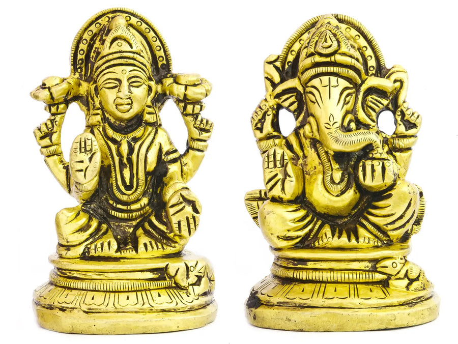2" Lakshmi and Ganesha Brass Statues Handmade Pair