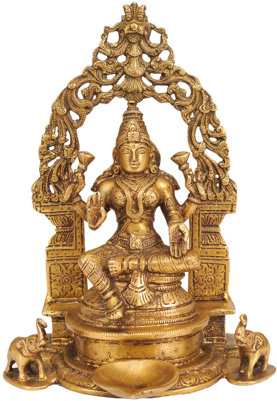 9" Brass Lakshmi Statue with Puja Diya Handmade Idol