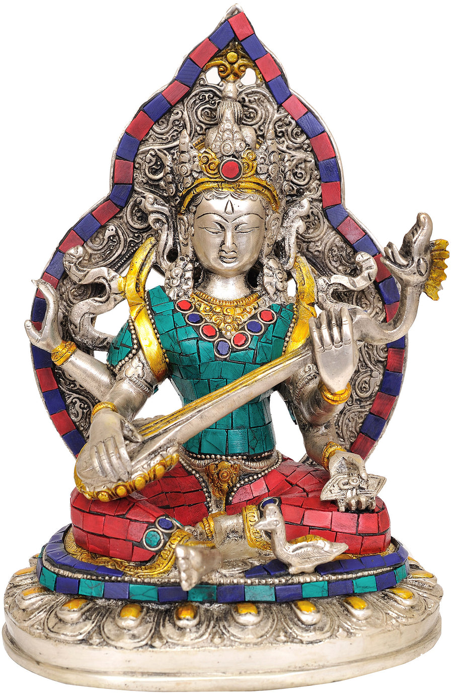 9" Goddess Saraswati Inlay Brass Statue Handmade