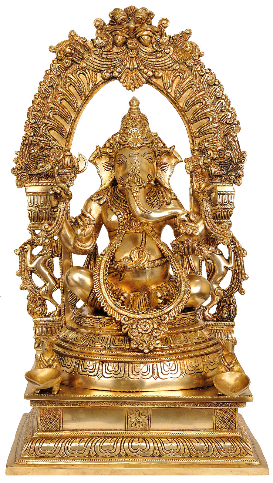 24" Handmade Ganesha Brass Statue with Floral Aureole