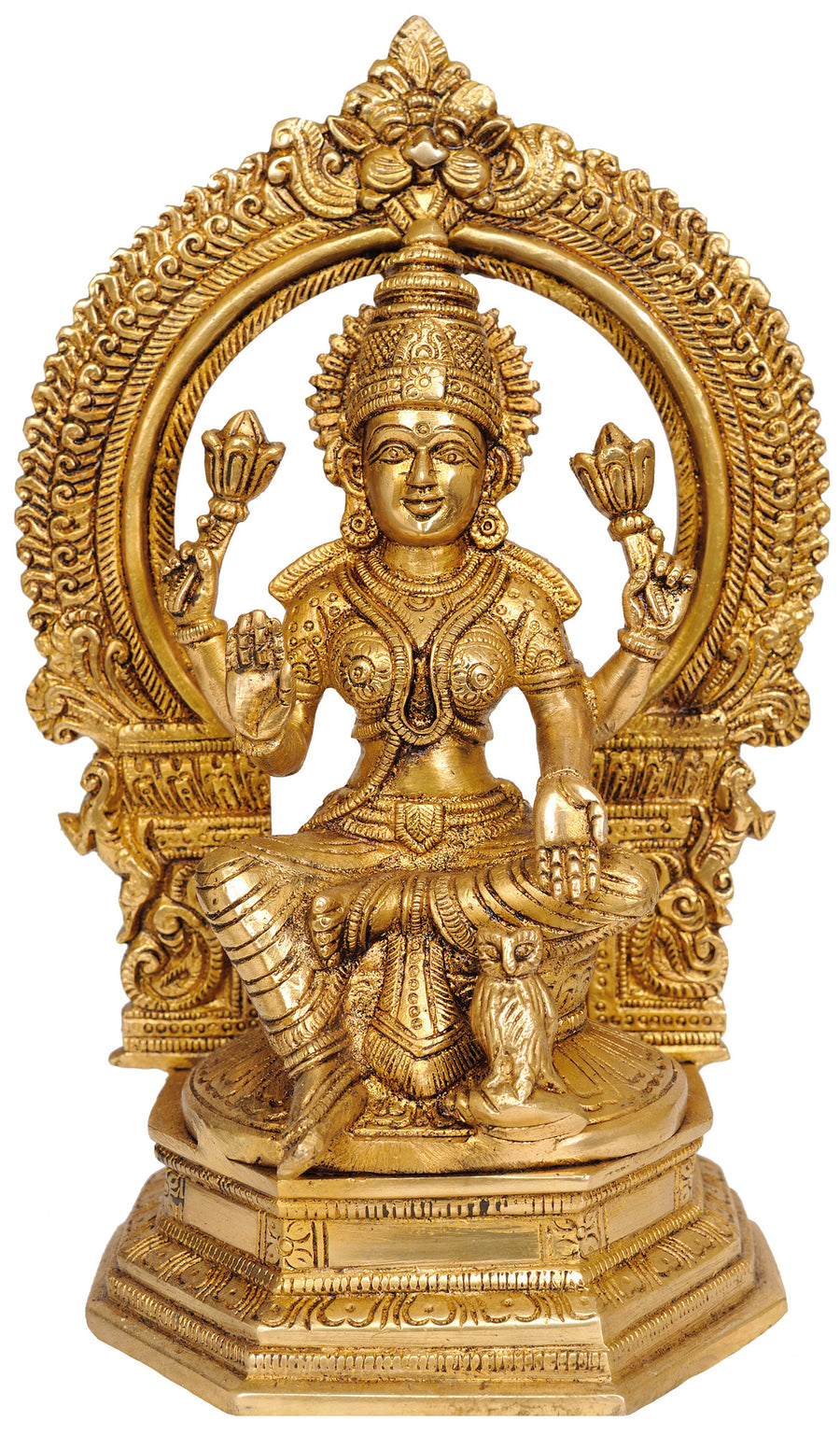 9" Brass Goddess Lakshmi Idol with Owl Handmade