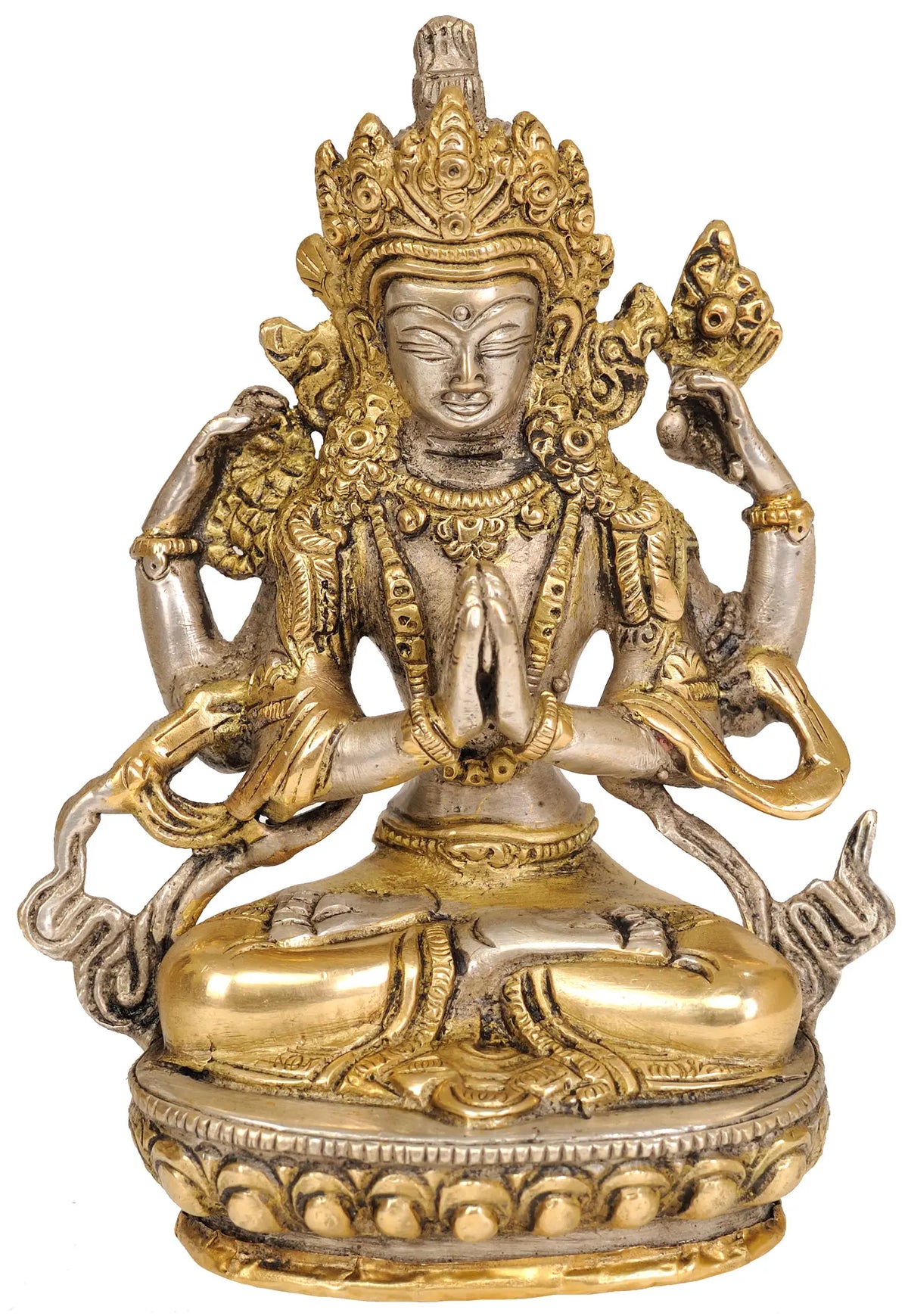 5" Buddhist Deity Chenrezig (Shadakshari Lokeshvara) Brass Statue | Handmade | Made in India