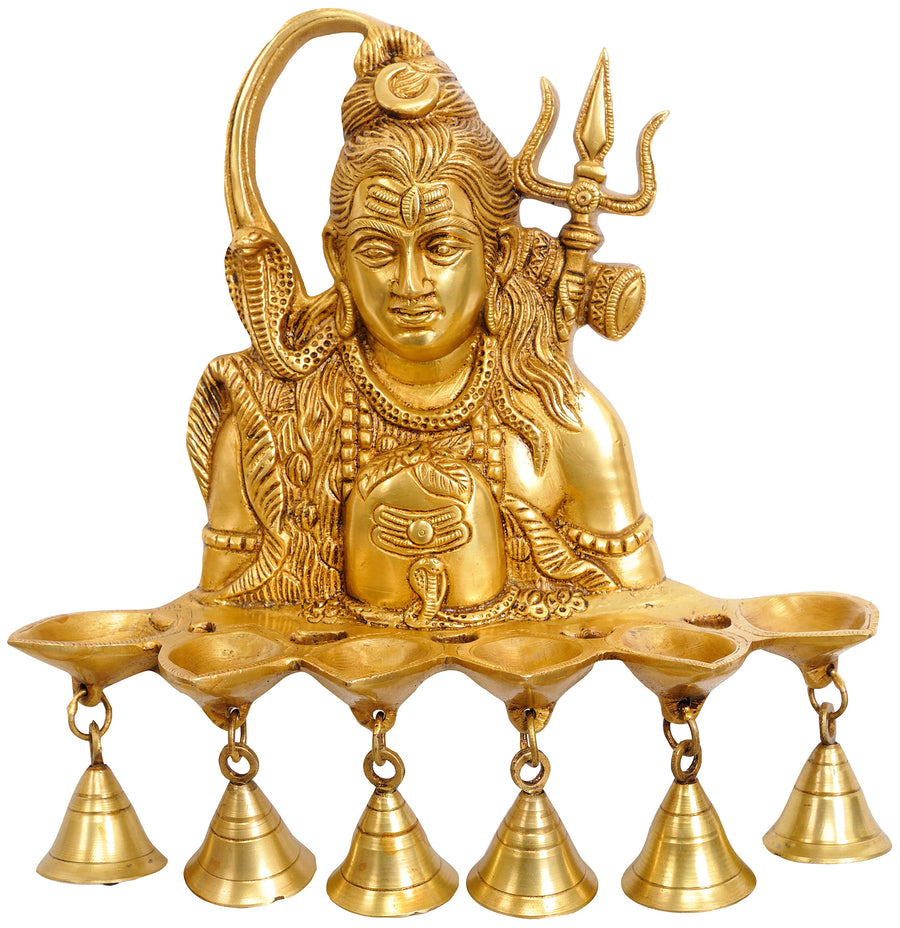 12" Brass Shiva Wall Hanging Oil Lamp with Bells Handmade
