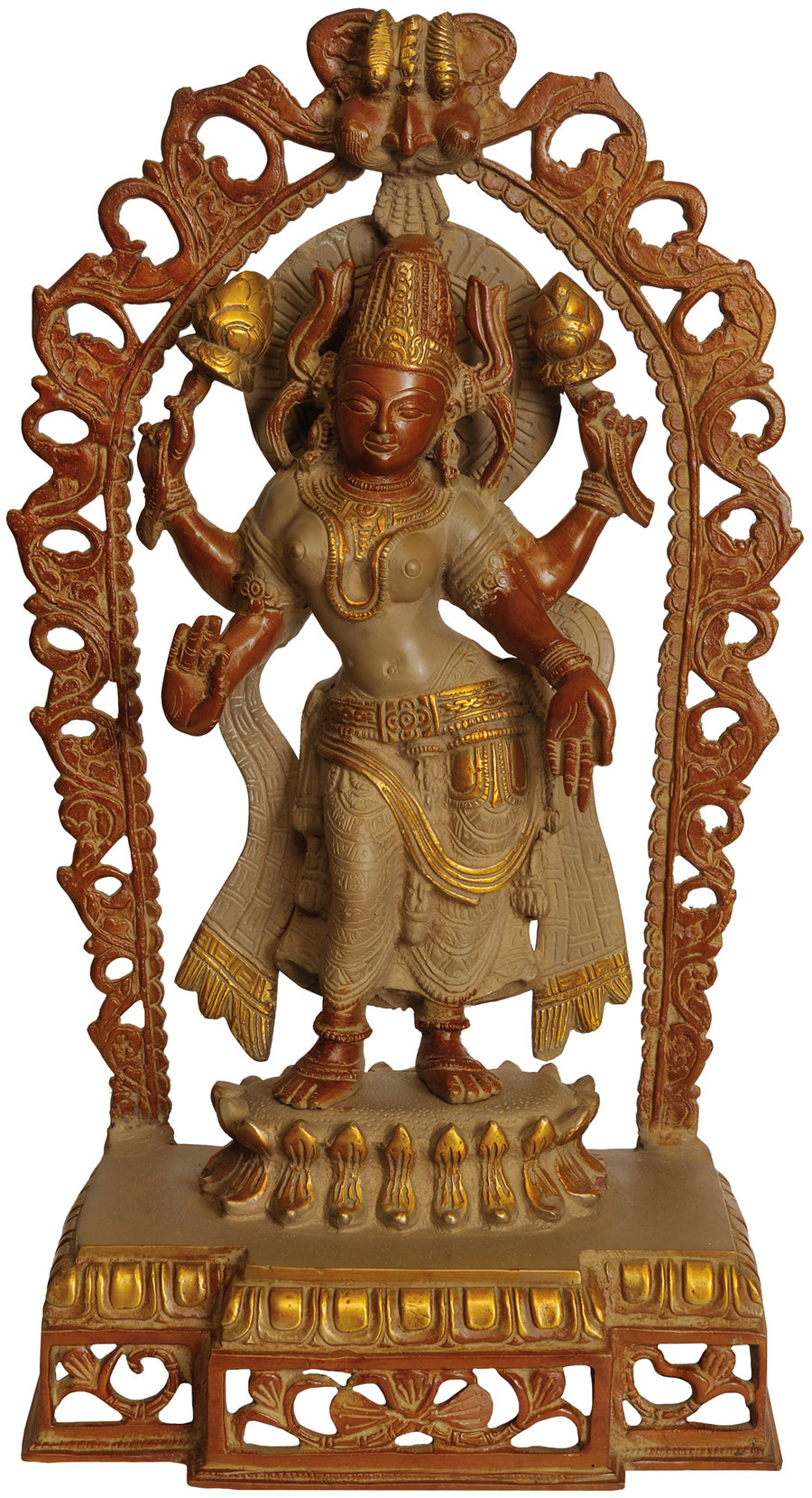 16" Handmade Brass Goddess Lakshmi Statue with Prabhavali and Kirtimukha
