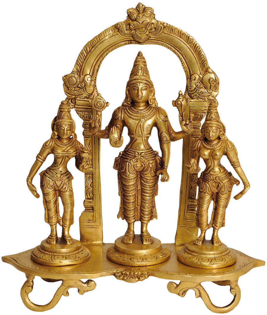 9" Lord Vishnu with Shridevi and Bhudevi Brass Statue Handmade