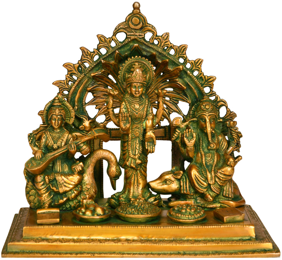 8" Saraswati Lakshmi Ganesha Brass Idol Set Handmade