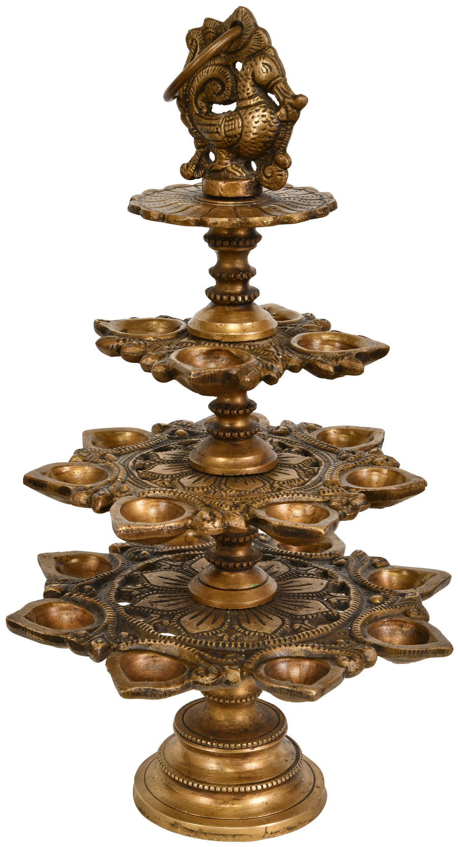 14" Handmade Brass Mayura Lamp with Nineteen Wicks