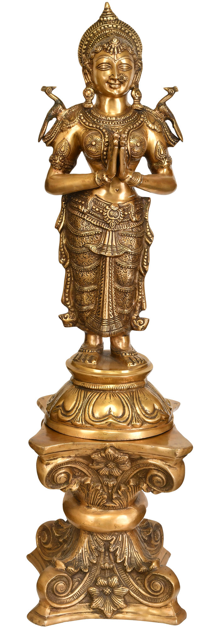 45" Beautiful Welcome Lady Doing Namaste on Brass Pedestal | Handmade Brass Statue | Made in India