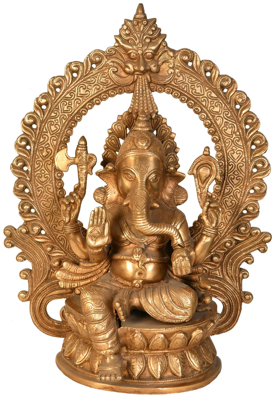 Lord Ganesha Seated on Lotus with Aureole Brass Statue