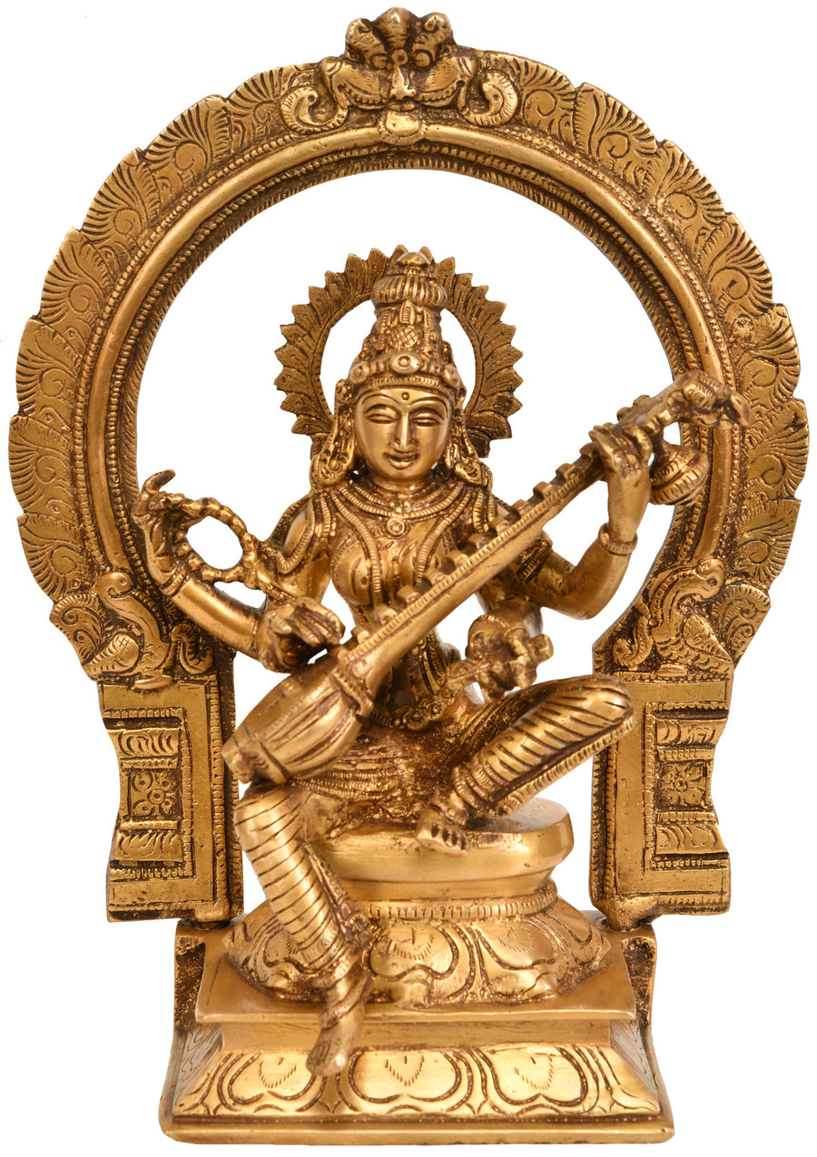 9" Goddess Saraswati Seated on Throne Brass Statue with Floral Aureole