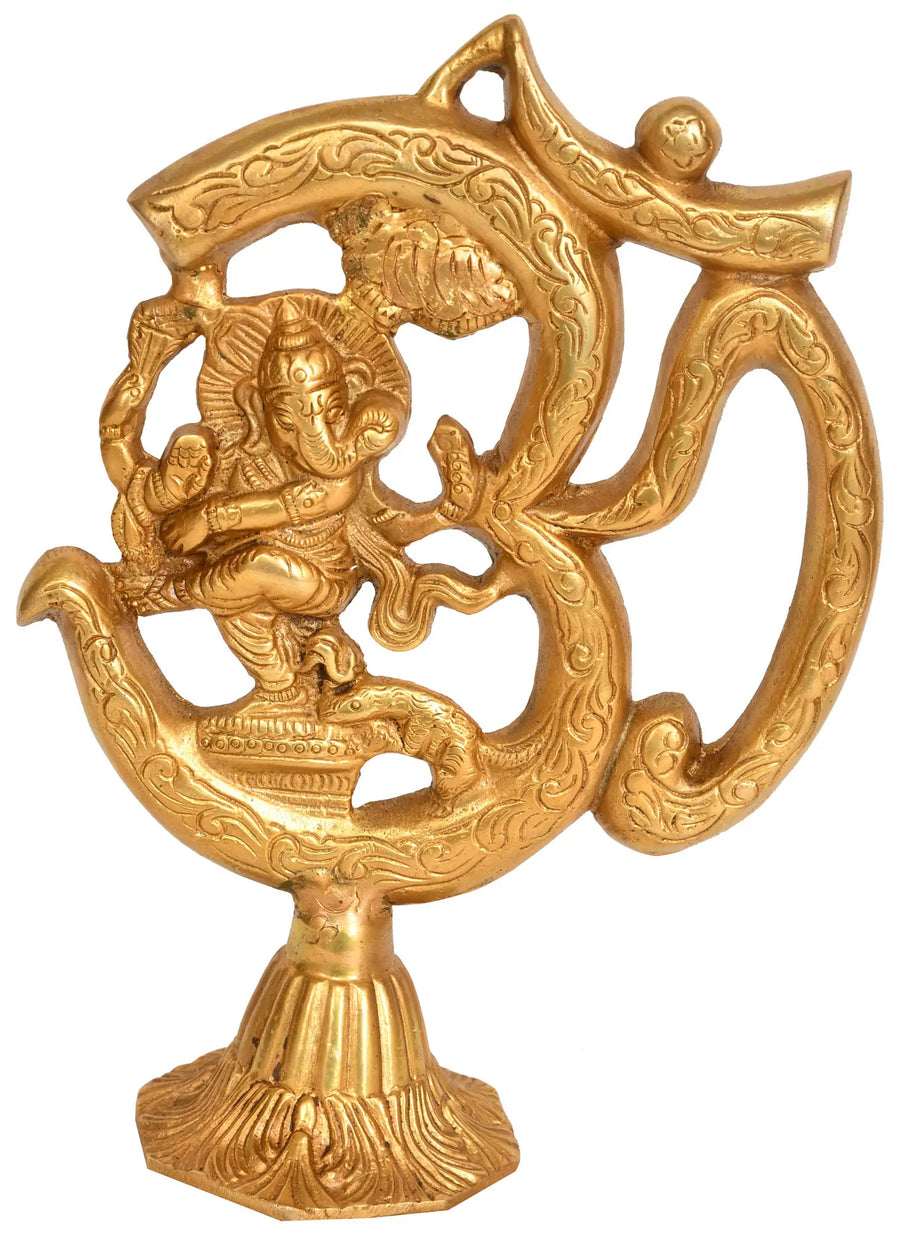 8" Brass Lord Ganesha Idol with OM Symbol Handmade