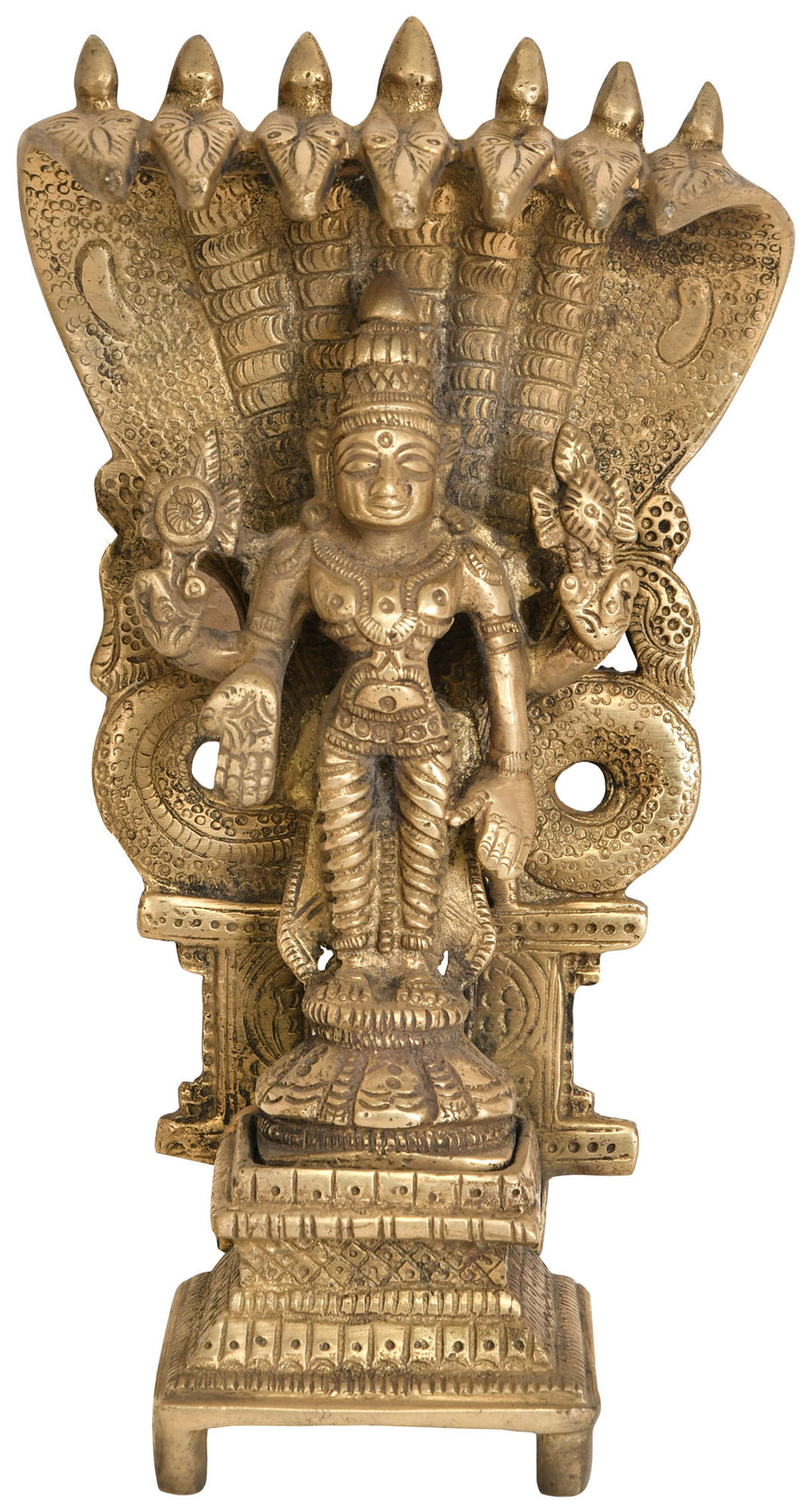 8" Four-Armed Vishnu on Seven-Hooded Shesha Brass Statue Handmade