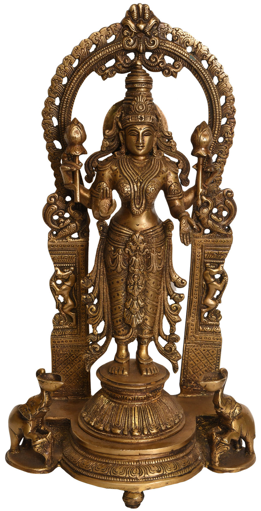 16" Brass Goddess Lakshmi Standing on Lotus Pedestal with Elephant Diyas Statue