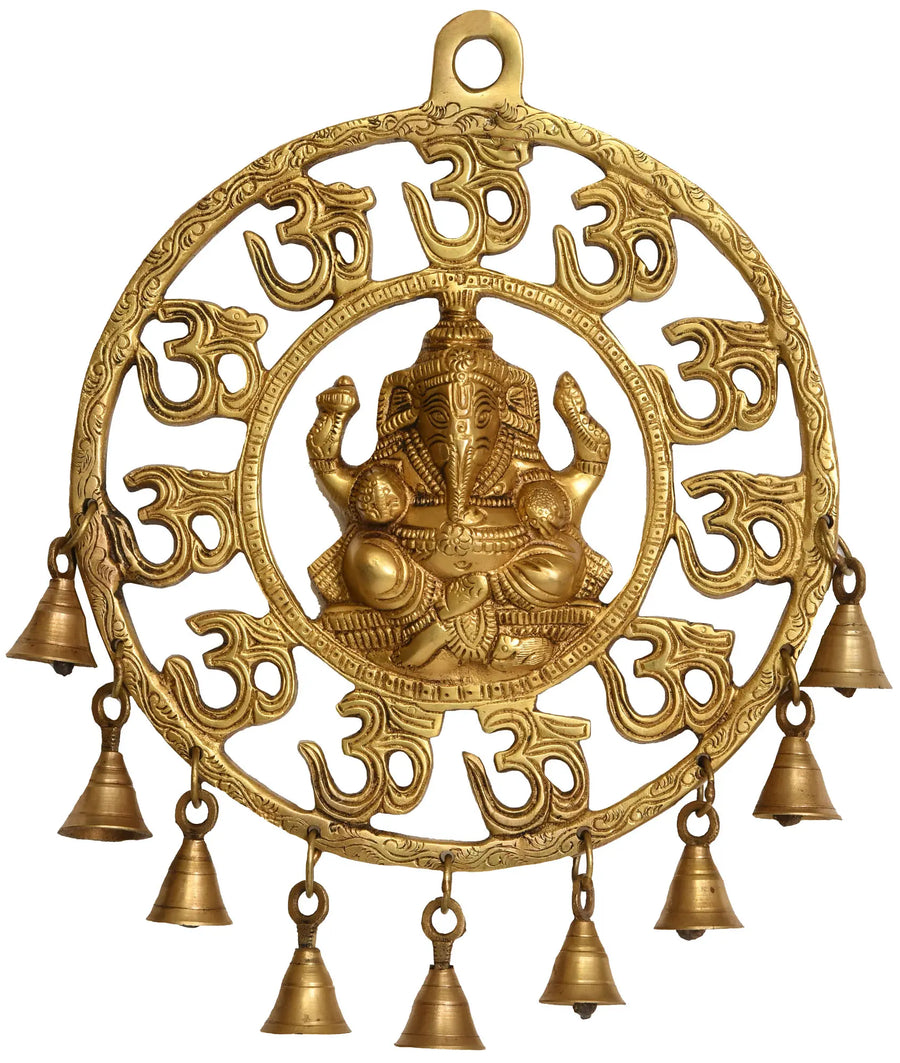 11" OM Ganesha Brass Wall Hanging with Bells Handmade