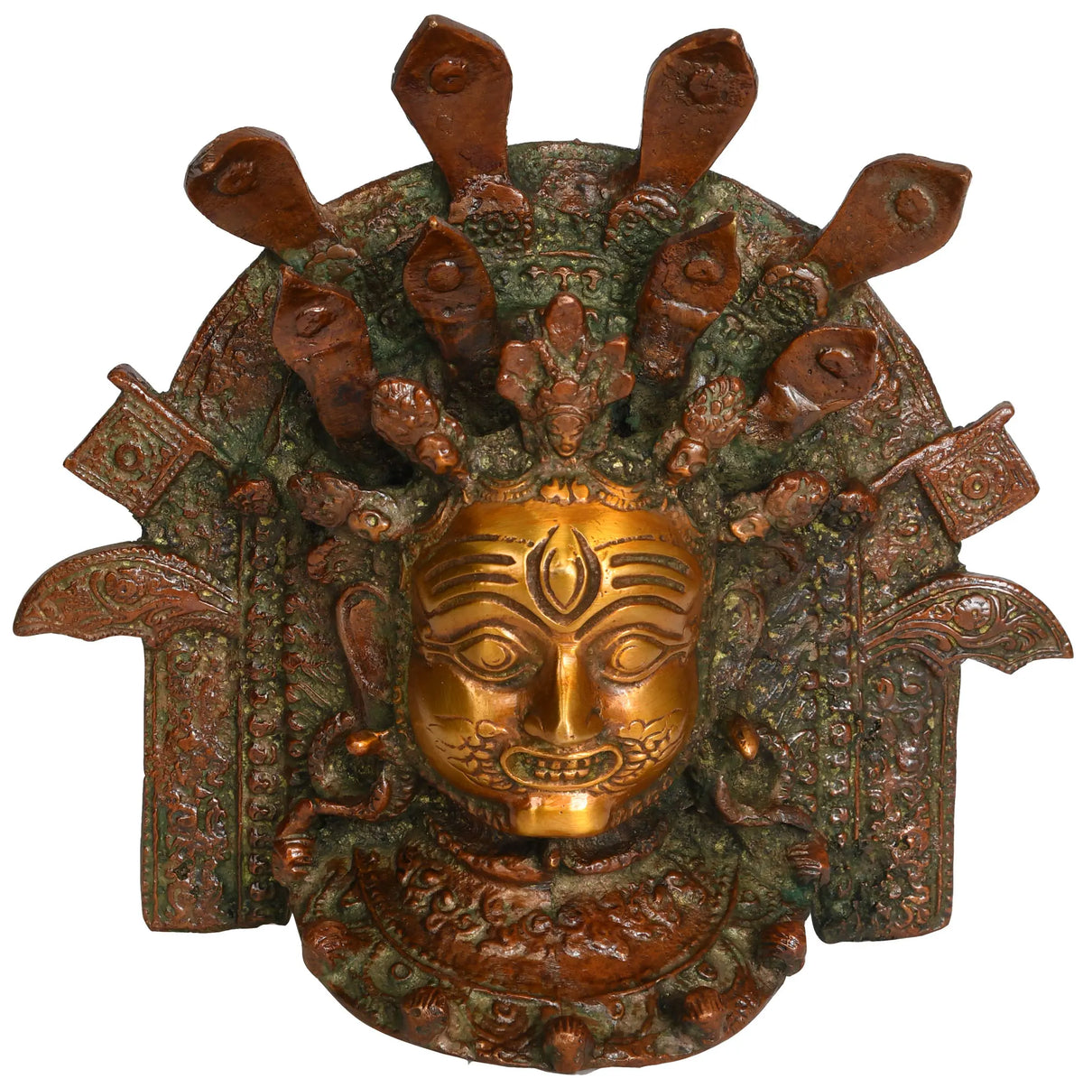 6" Lord Bhairava and a Multitude of Snakes: Wall-Hanging Mask in Brass