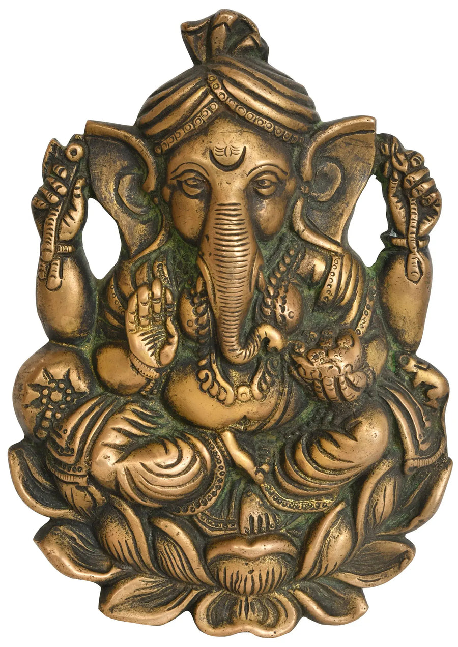 7" Lotus Ganesha Brass Wall Hanging Handmade