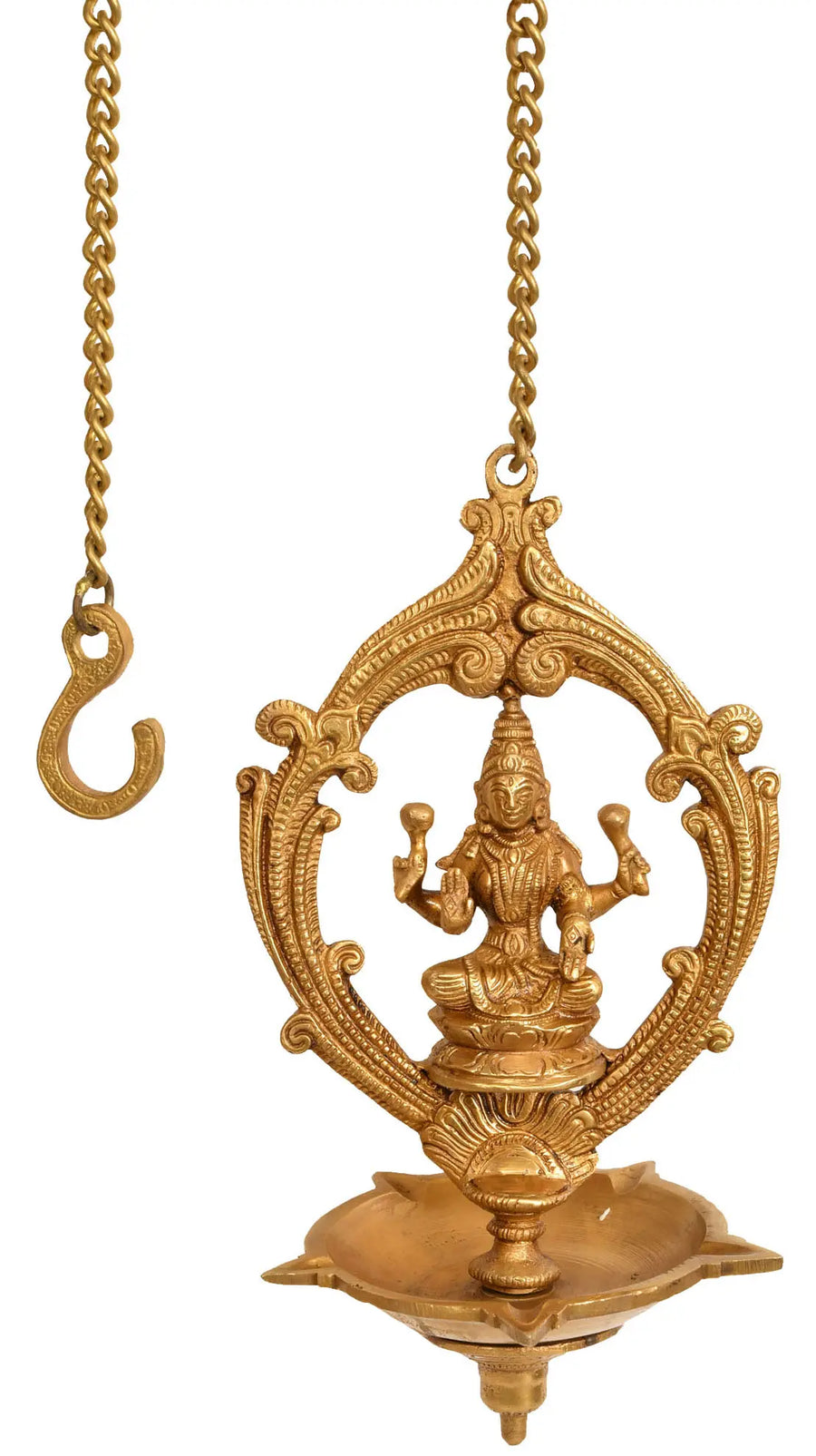 9" Five Wick Lakshmi Brass Ceiling Puja Lamp Handmade