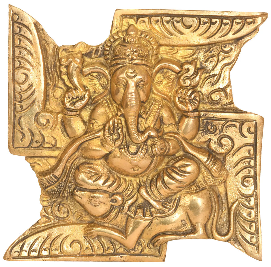 6" Ganesha Seated on Rat Brass Wall Hanging Handmade