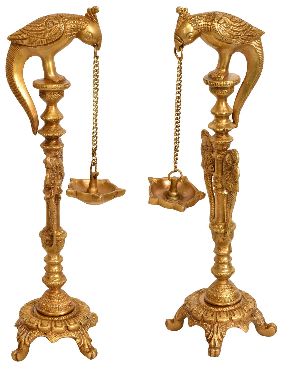 12" Brass Five-Wick Parrot Hanging Lamp Pair with Stand