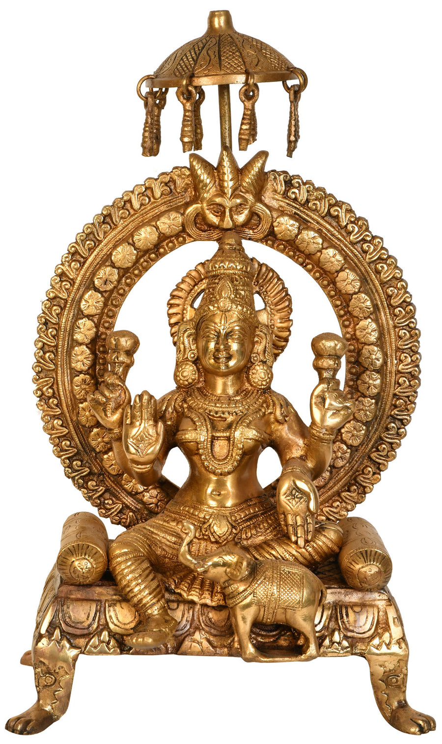 17" Brass Goddess Lakshmi Seated on Throne Statue with Elephant