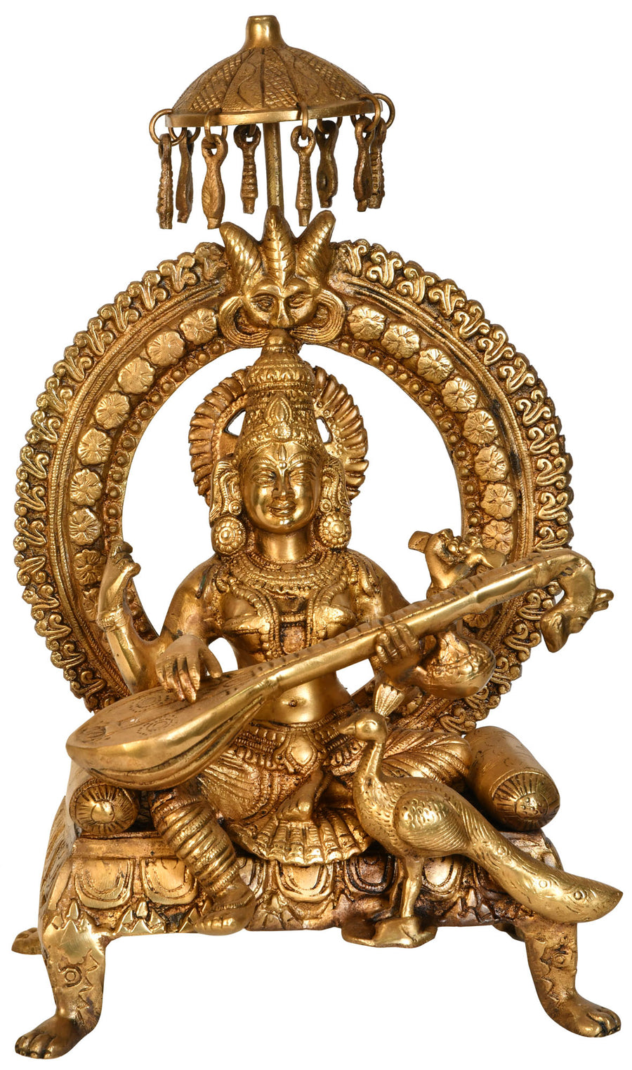 17" Brass Goddess Saraswati Seated on Throne with Peacock Handmade Statue