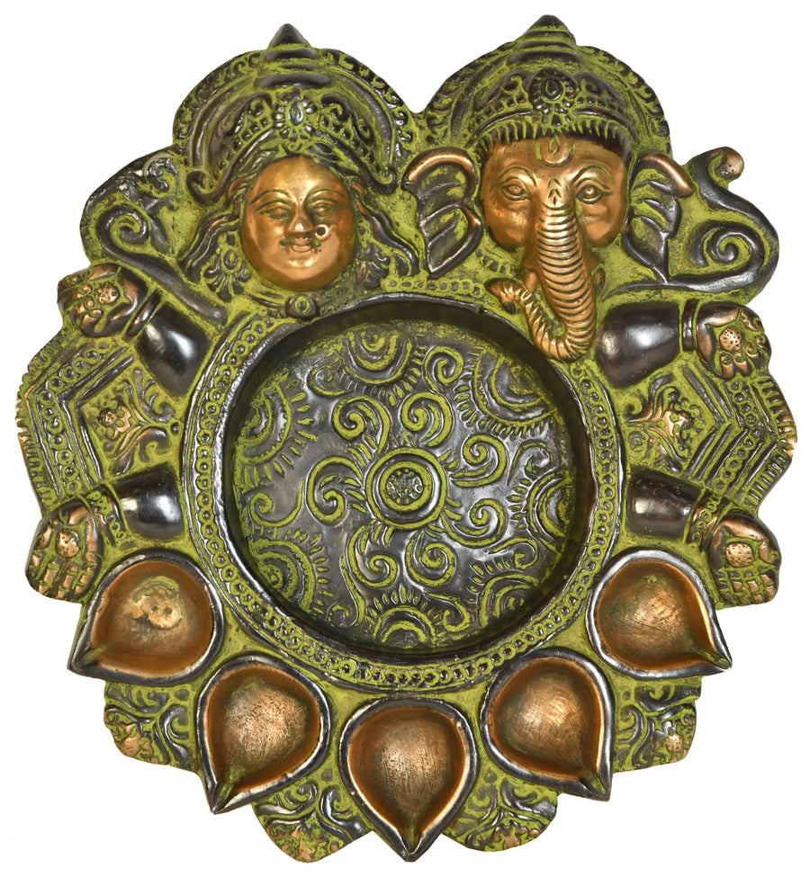 8" Lakshmi Ganesha Brass Diya Plate Handmade