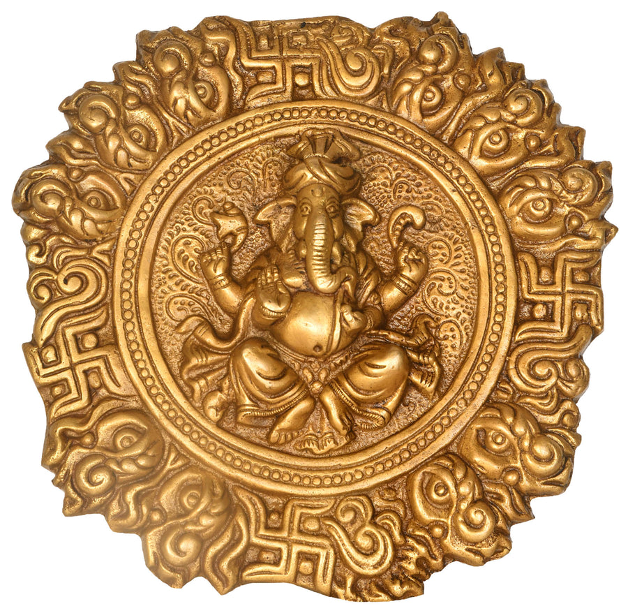 9" Pagdi Ganesha Brass Wall Hanging Handmade