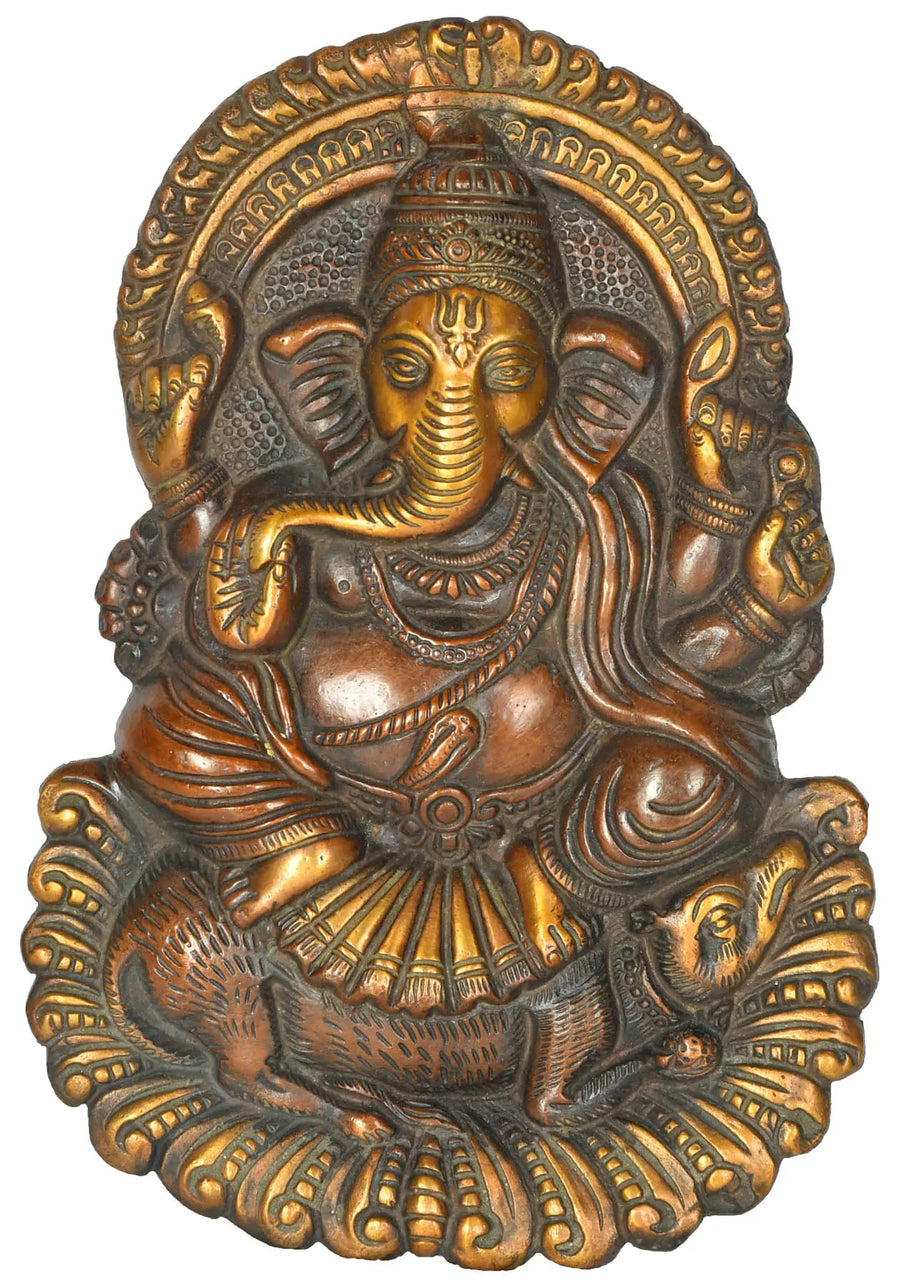 9" Brass Ganesha on Rat Wall Hanging Statue Handmade
