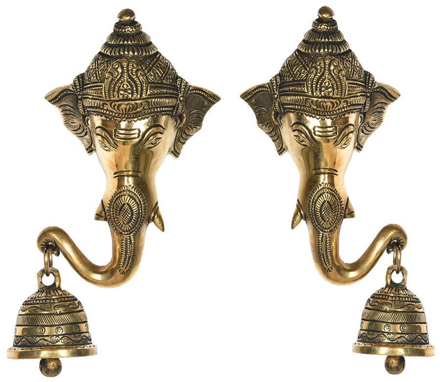8" Pair of Ganesha Brass Masks with Bell Wall Hanging Handmade
