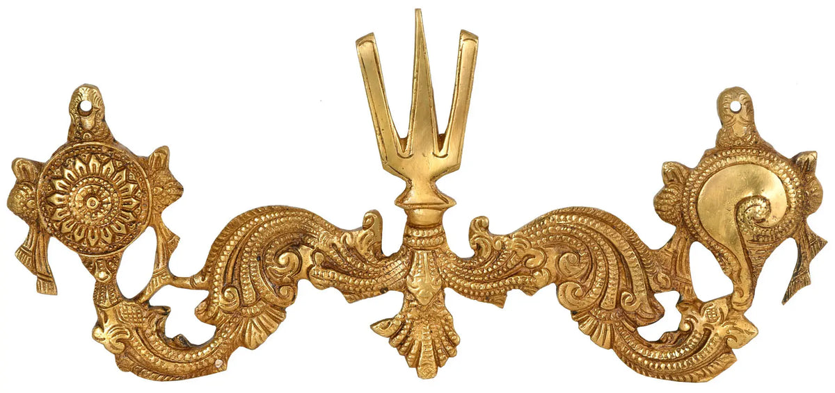5" Brass Wall Hanging Vaishnava Symbols - Chakra, Tilak and Conch | Handmade | Made in India