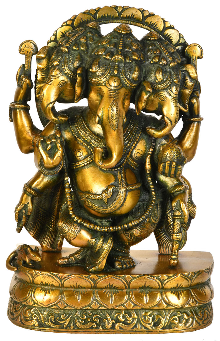 12" Handmade Trimukha Dancing Ganesha Brass Statue