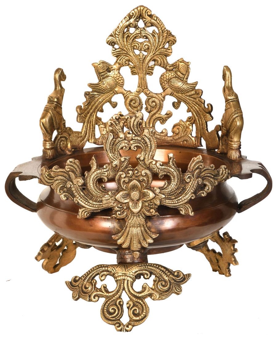 Peacocks and Elephants Brass Urli Bowl for Home Decor
