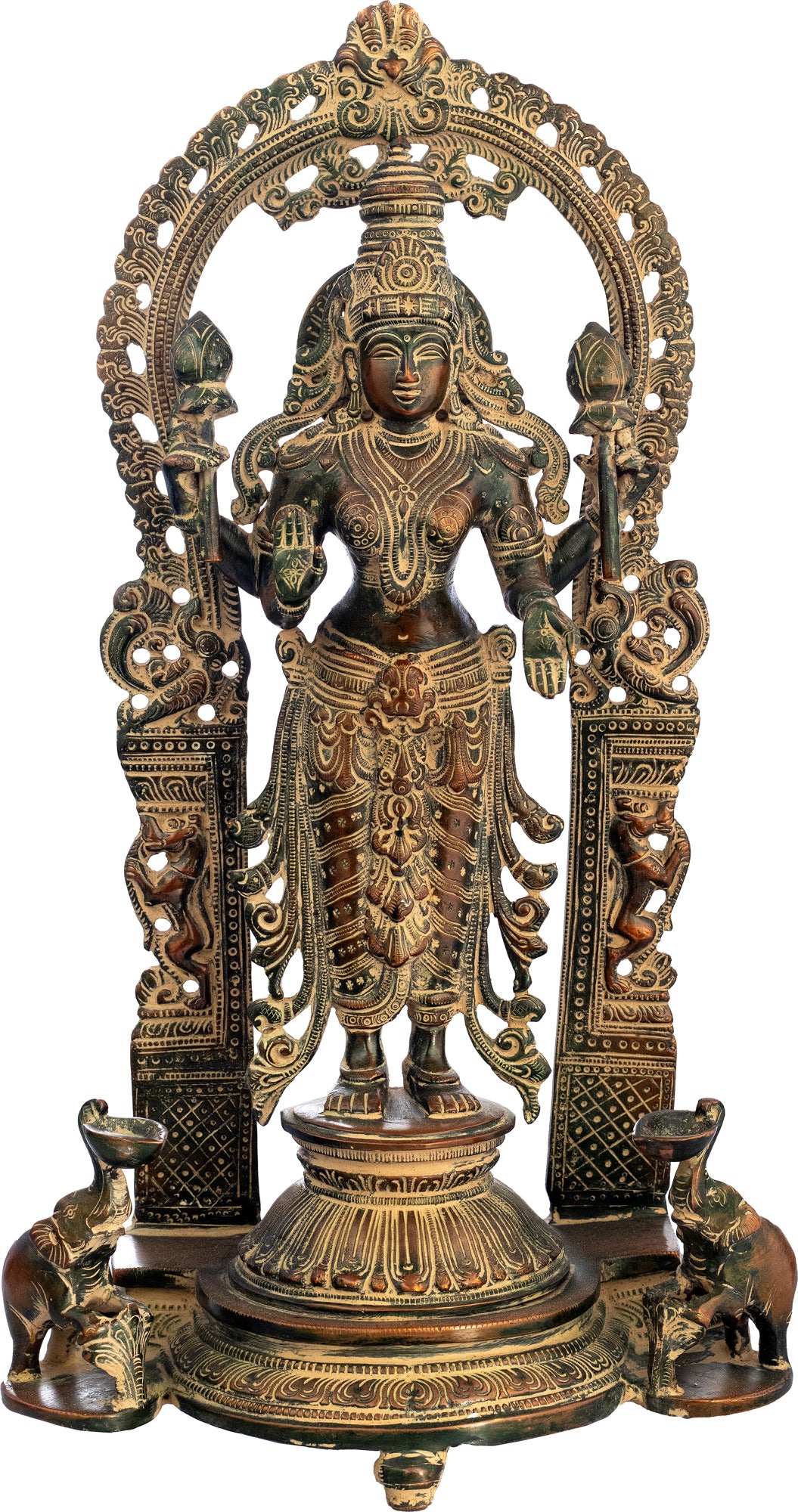 16" Goddess Lakshmi Flanked By Elephant Diyas In Brass | Handmade | Made In India