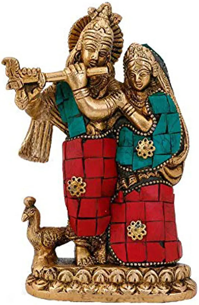 6" Radha Krishna Handmade Brass Statue with Flute