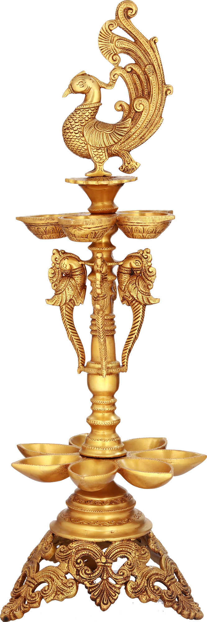23" Brass Peacock Puja Lamp - Handmade