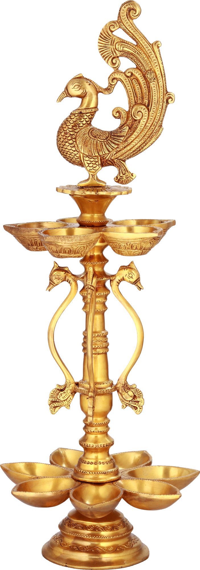 20" Handmade Peacock Brass Puja Lamp with Twelve Wicks