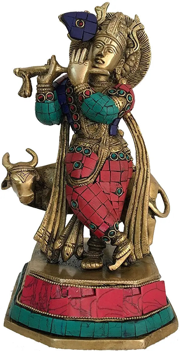 10" Lord Krishna and Cow Handmade Brass Statue