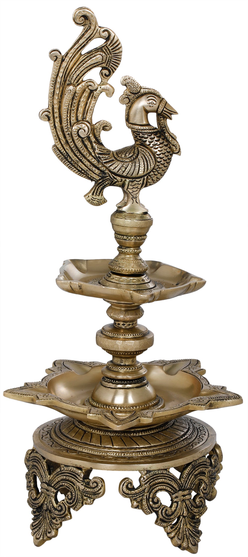 16" Ten wicks lamp with crafted peacock atop In Brass | Handmade | Made In India