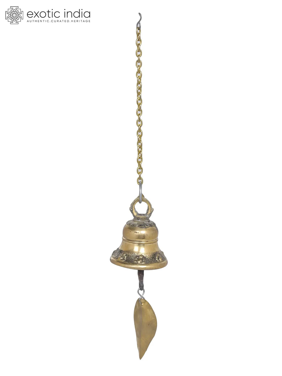 5" Brass Bell with Leaf Handmade Nepalese Statue