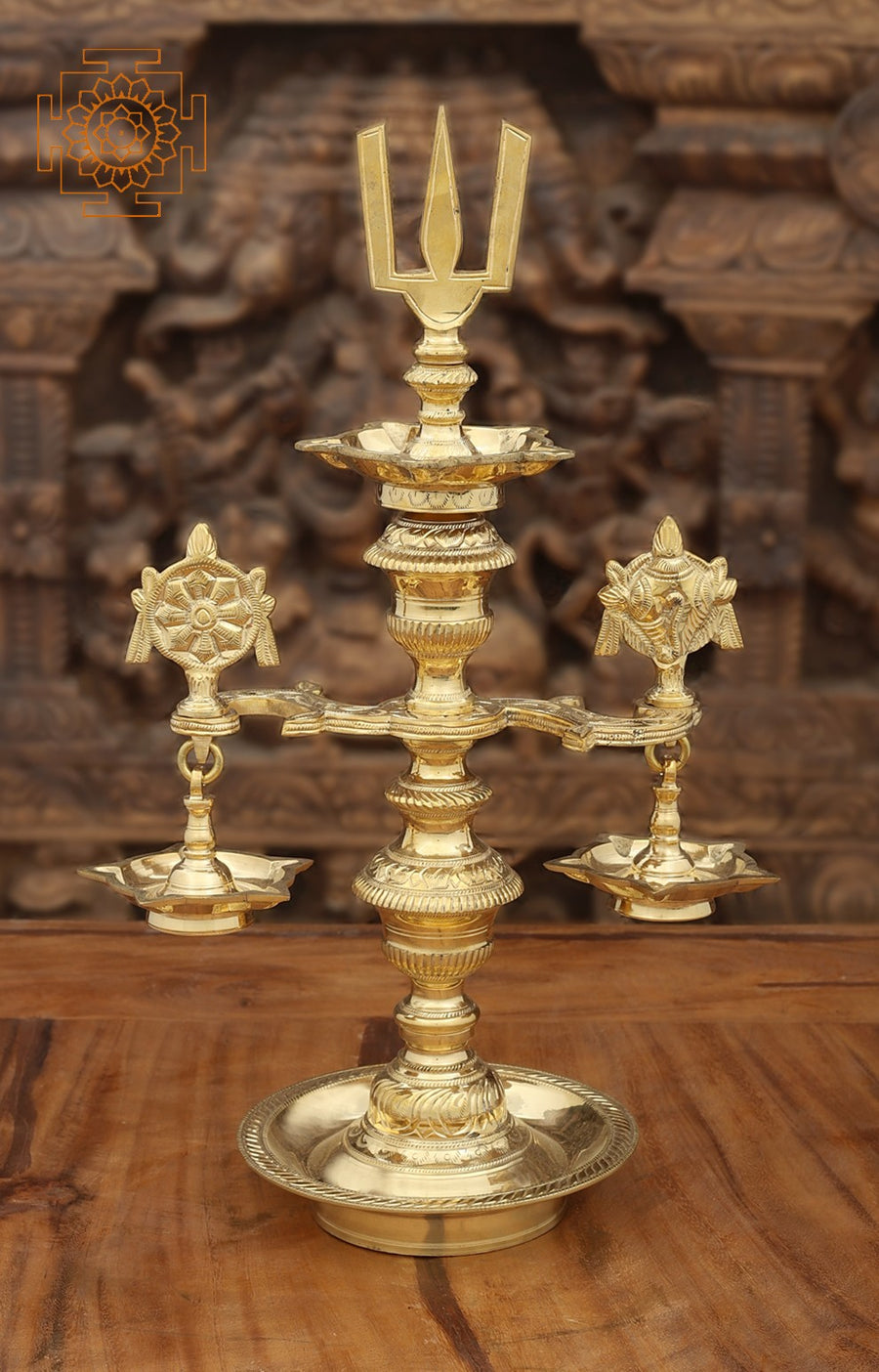 10" Handmade Brass Trinity Lamp for Puja and Rituals