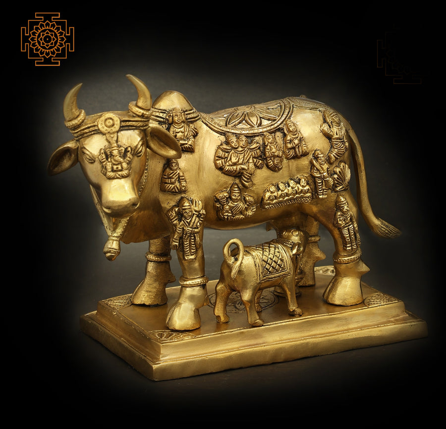 10" Holy Mother Cow with Calf Handmade Brass Statue