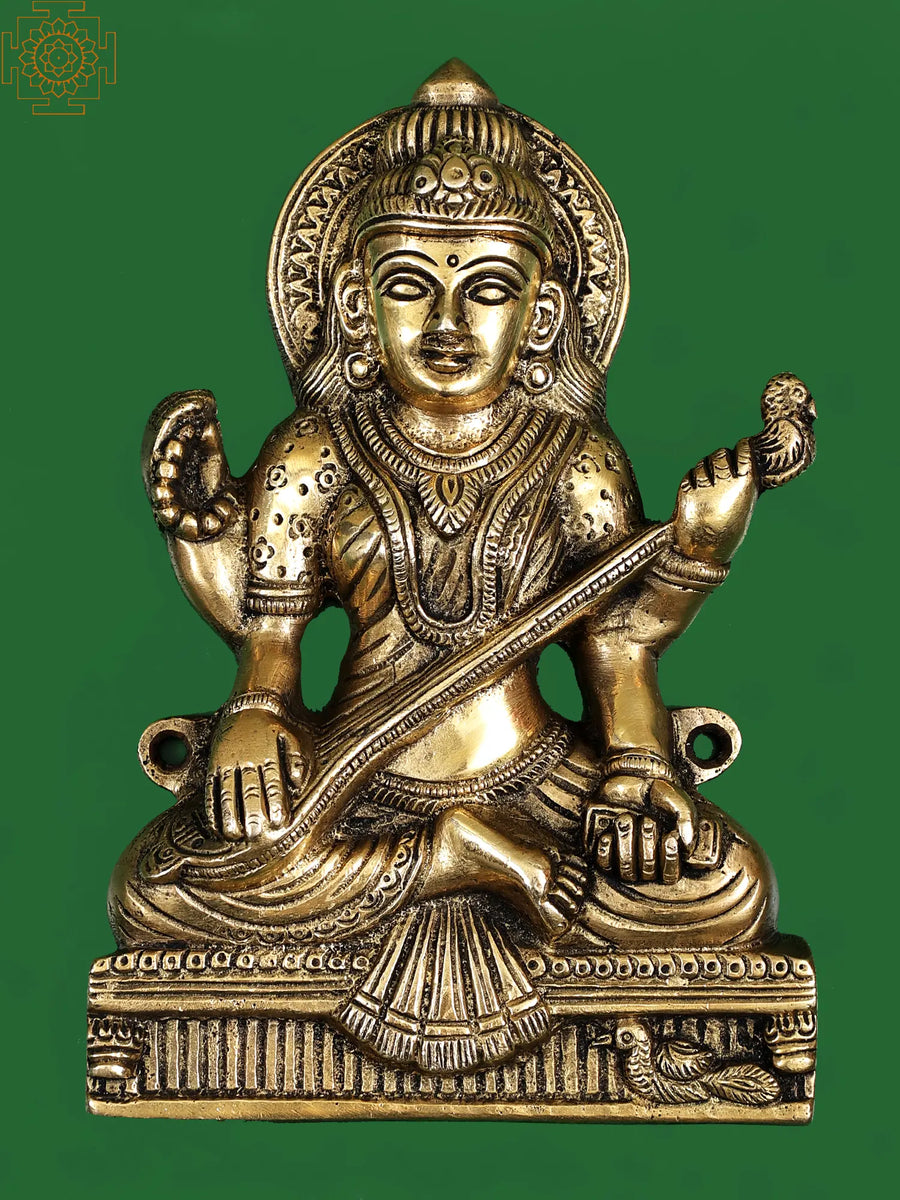 7" Handmade Goddess Saraswati Brass Statue with Veena