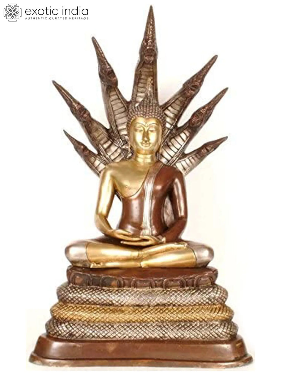 21" Gautam Buddha Sheltered by Muchalinda Brass Statue Handmade