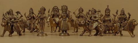 Brass Goddess Durga statues lineup of Hindu deities
