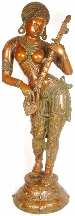 37" Yogini Playing Veena Brass Statue Handmade Indian Sculpture