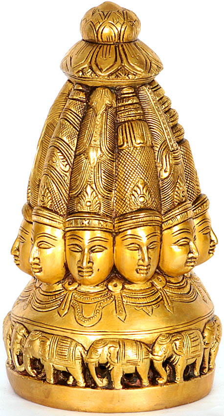 7" Ten-faced Shiva-linga Modeled as a Temple Shikhara in Brass | Handmade
