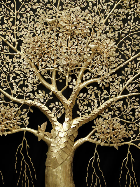 96" Super Large Wall Mounted Tree of Life with Perched Birds in Brass
