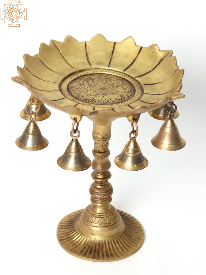 15" Brass Urli Stand with Dangling Bells for Home Decor